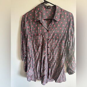 Express Women's Gray and Pink Polka Dot Button Down Shirt